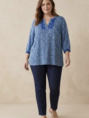 J. Jill Blue Botanical Leaf Print V-Neck Tunic Top Peasant Boho Size 2X